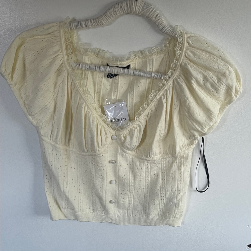 Forever 21 Yellow Puff-Sleeve Eyelet Knit Top - Cream